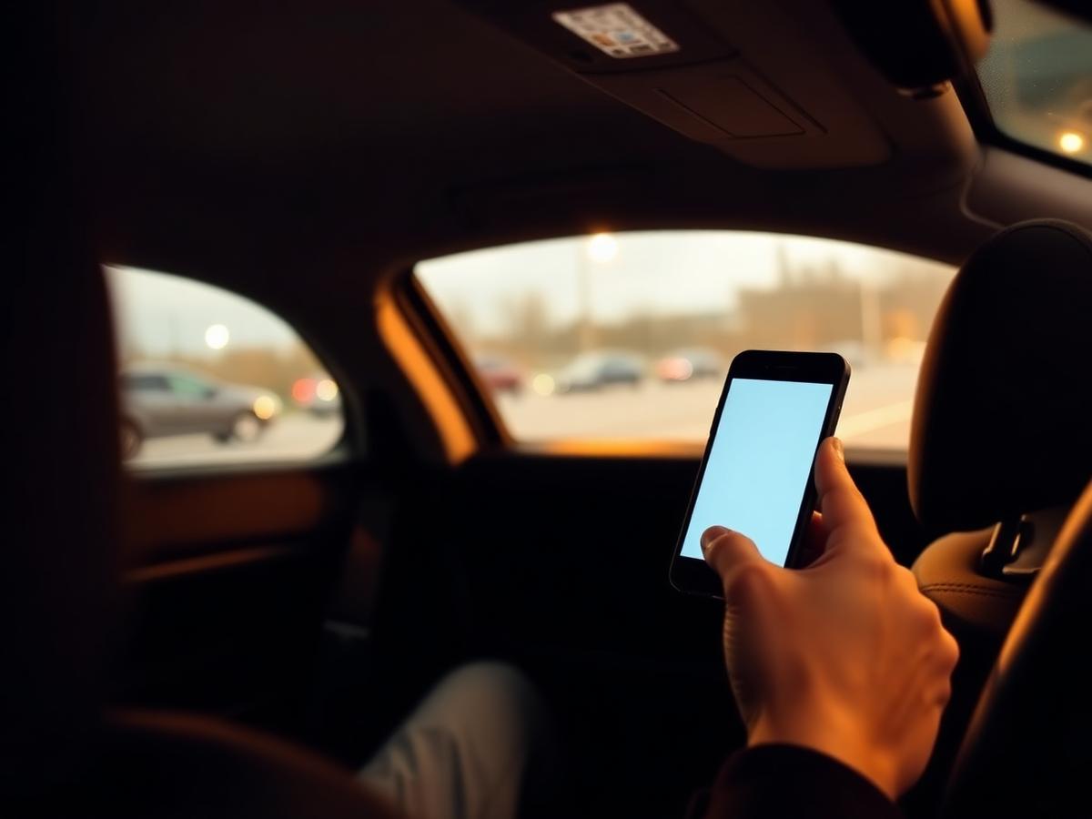 Person reading a phone inside a parked car