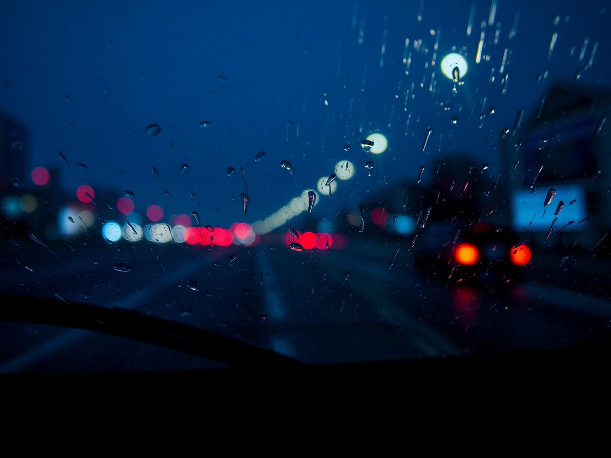 Rainy windshield at night